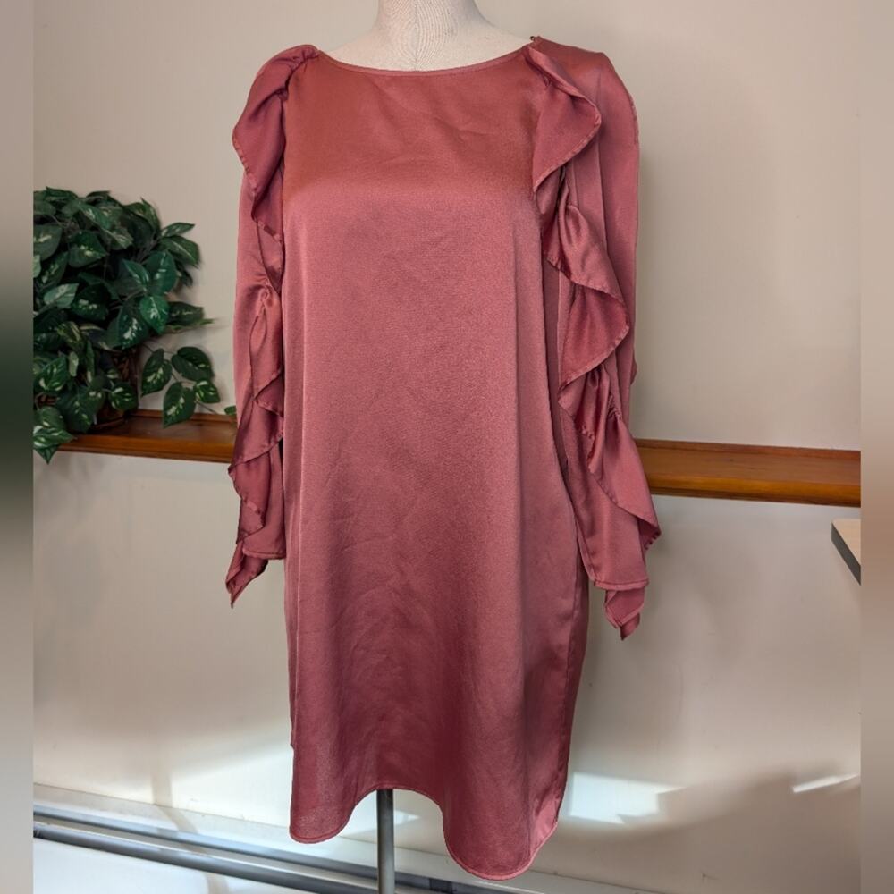 ZARA Mauve Satin Ruffle Sleeve Shift Dress Size L